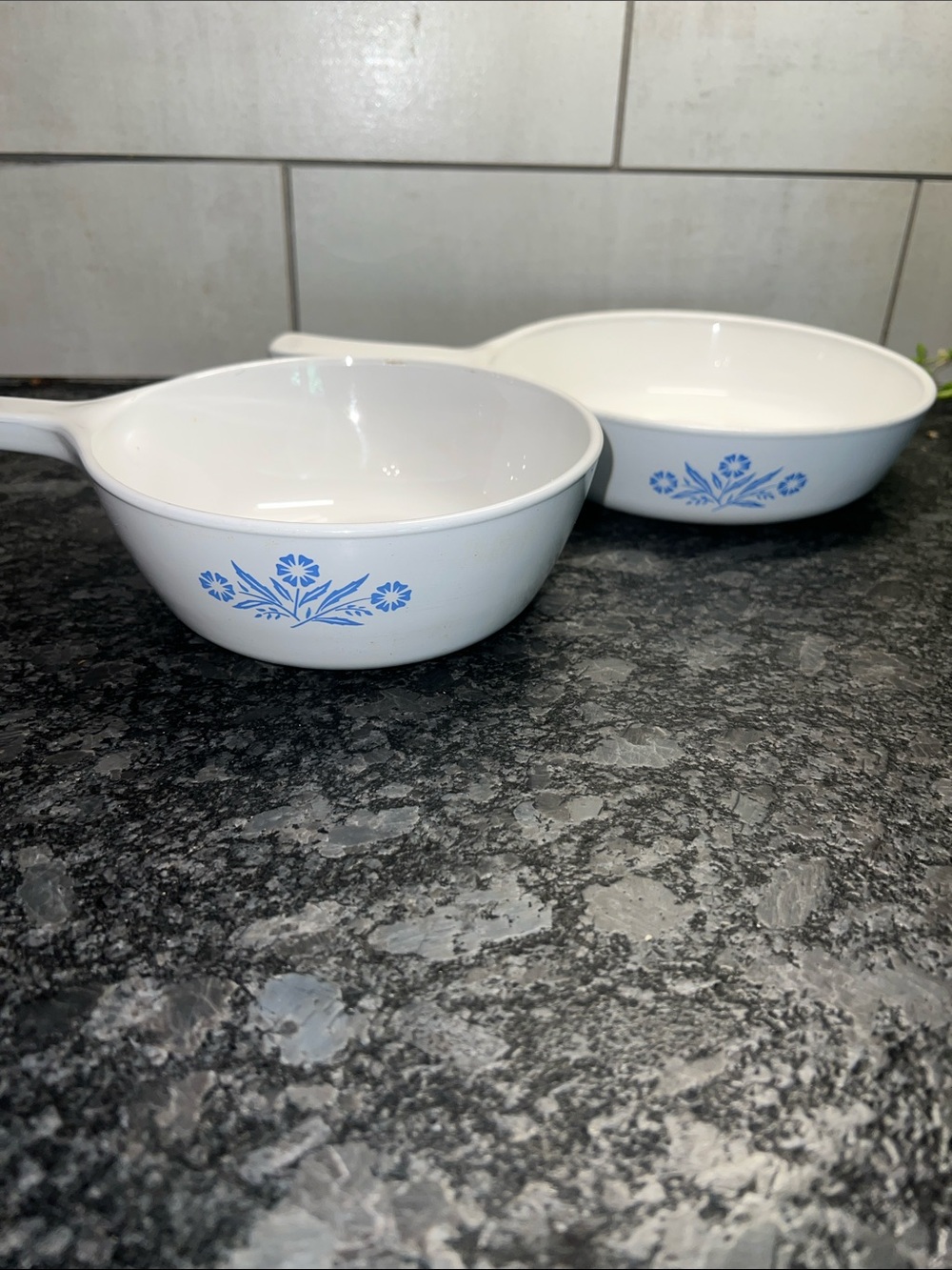 Vintage White Corningware handled Casserole Bowls with Cornflower Blue Pattern.